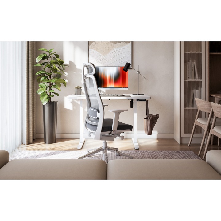 Birou electric Mark Adler Leader 6.9, reglabil, 120x60 cm, inaltime 72-118 cm, panou ErgoHub Flex, memorie 3 setari, motor silentios 50 kg, suport casti, carlig rucsac, porturi cabluri, picioare reglabile, cadru metalic consolidat, Alb
