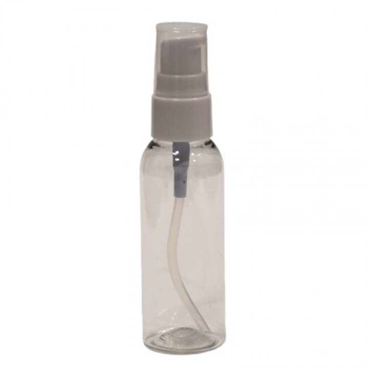 Recipient cosmetic flacon transparent pentru lotiuni lejere, pompa alba, 50ml