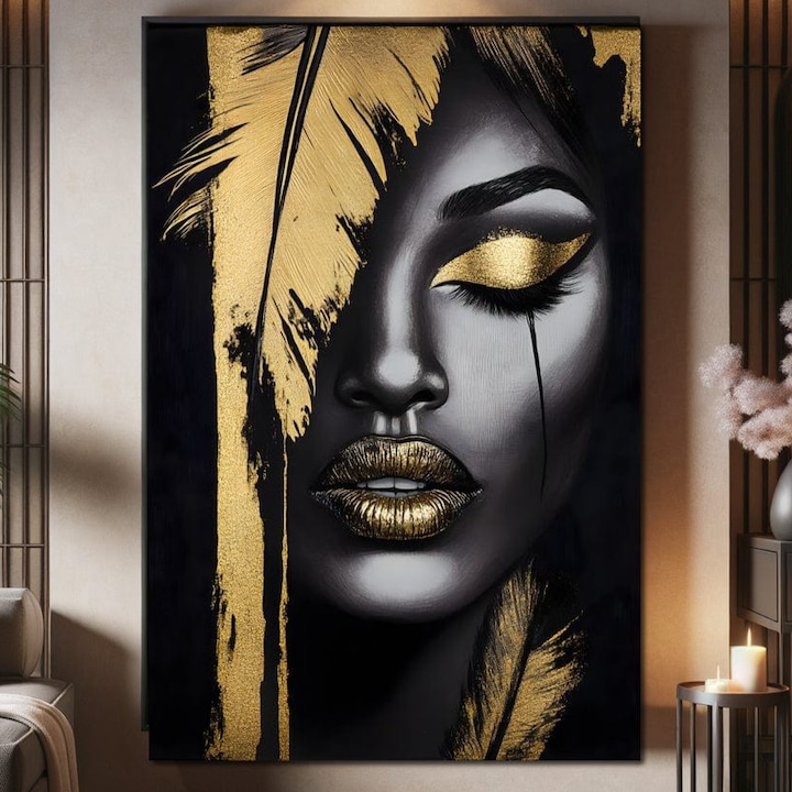 Премиум картина върху платно, LuxCanva® G1150, Сълза на богиня, 100 X 150 CM, 100% памучно платно 400g/m2, дървена рамка, злато, тишина, мир, ангел, перо, нощ, мрак, красота, кралица, устни, целувка, салон, офис, хол, спалня