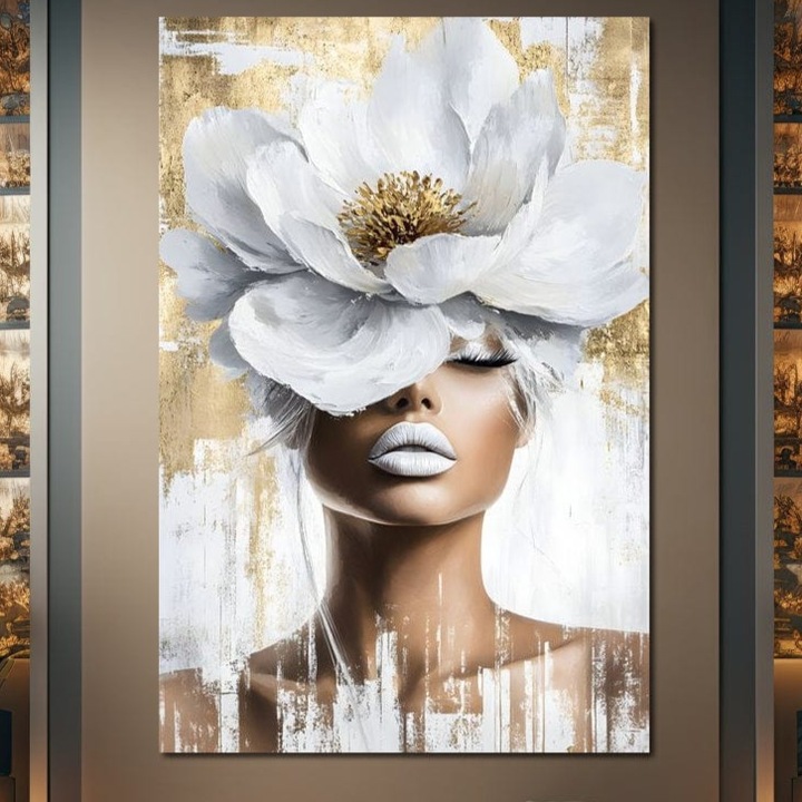 Премиум картина върху платно, LuxCanva® G1151, Вечно бяло, 40 X 60 см, 100% памучно платно 400 г/м2, дървена рамка, Цветя, Магнолия, Бяло, Златно, Кралско, Венчелистчета, Аромат, Мечта, Тишина, Лукс, Блясък, Мода, Красота, Офис, Хол, Спалня