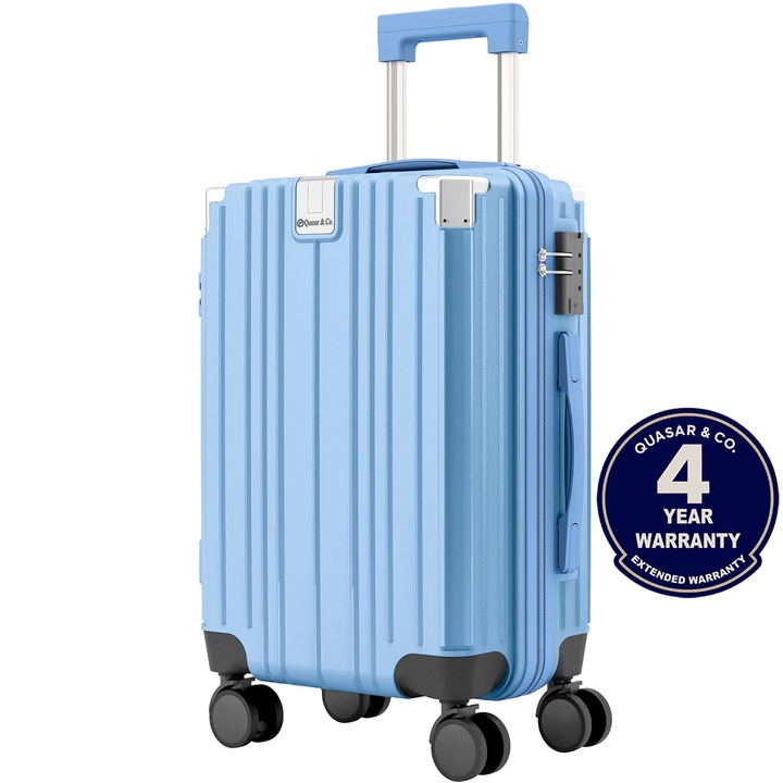 Troler mediu, Quasar & Co.®, 66x45x26cm, bagaj de cala, troller cu maner telescopic, geamantan cu 4 roti duble silentioase 360°, valiza ABS+PC, suport pahar, ZENO, albastru
