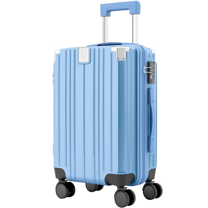 Közepes méretű bőrönd 66x45x26 cm, Quasar & Co., ZENO modell, ABS+PC bőrönd, Rejtjel bőrönd, teleszkópos fogantyú, 4 dupla csendes kerék 360°-os forgással, feladott poggyász, pohártartó, Kék