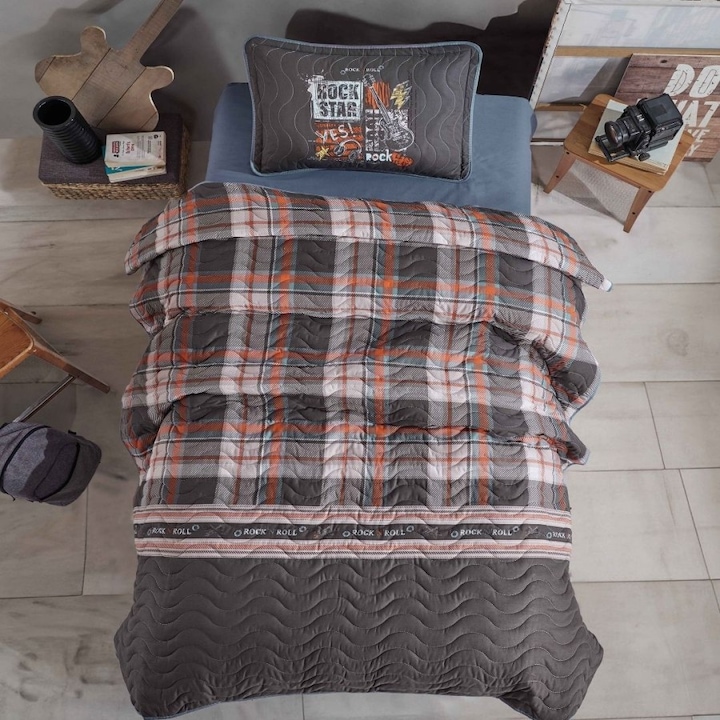 Set cuvertura matlasata bumbac 100% si 1 fata perna, in carouri, 160 x 220 cm, 2 piese, Clasy Home, Rock'n Roll