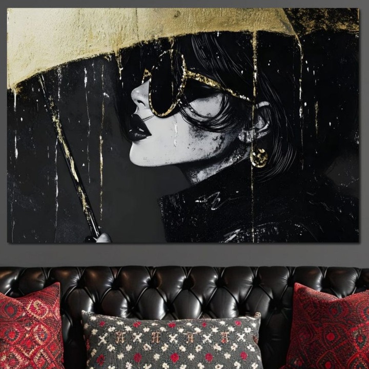 Картина върху платно, LuxCanva G1153, Магията на черните очила, 40 X 60 см, 100% памучно платно 400 г/м2, дървена рамка, нощ, портрет, чадър, злато, мода, дива, елегантност, лукс, енигматично, детектив, тайна, офис, хол, спалня