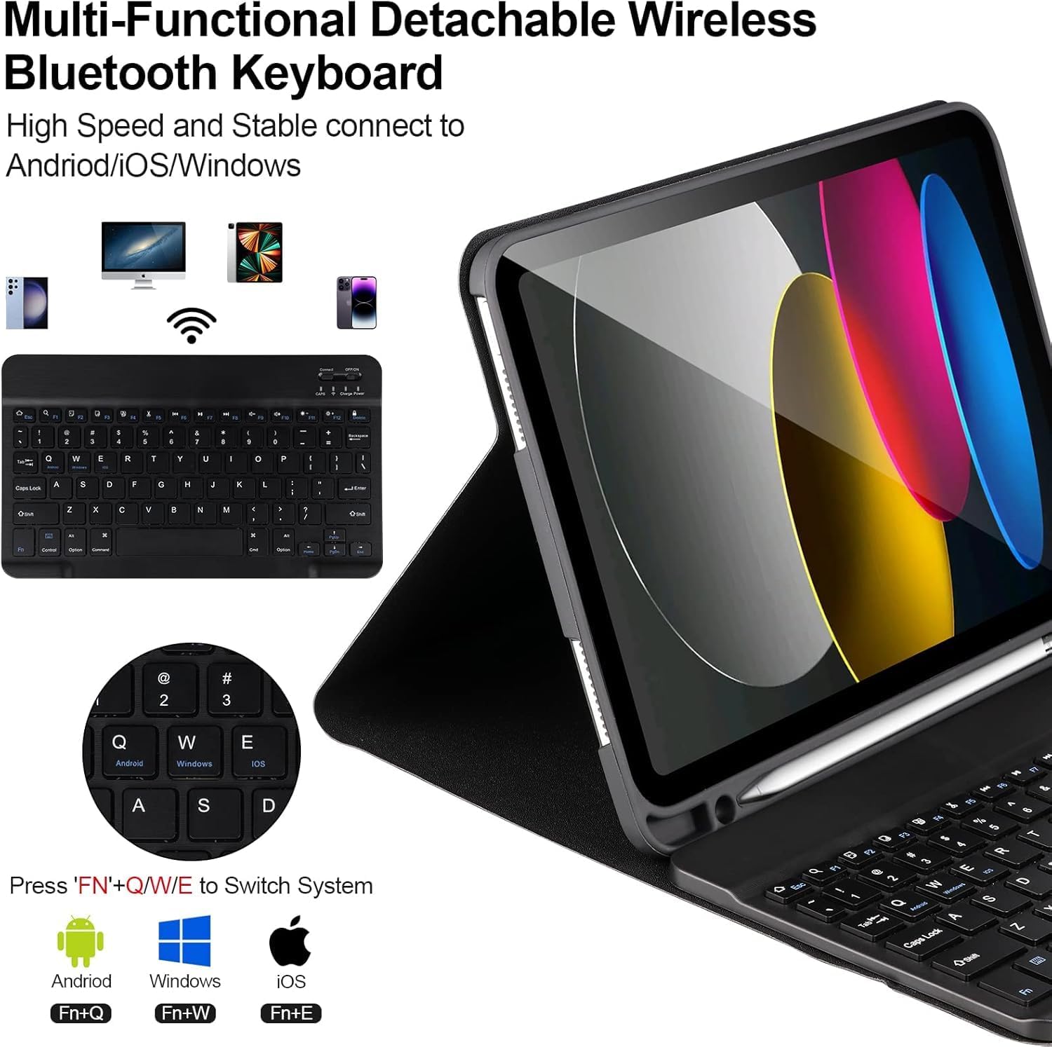 Husa cu tastatura wireless pentru tableta, compatibil cu iPad 11 (A16) 2025/10 2022, Tastatura magnetica detasabila, suport pentru creion, negru