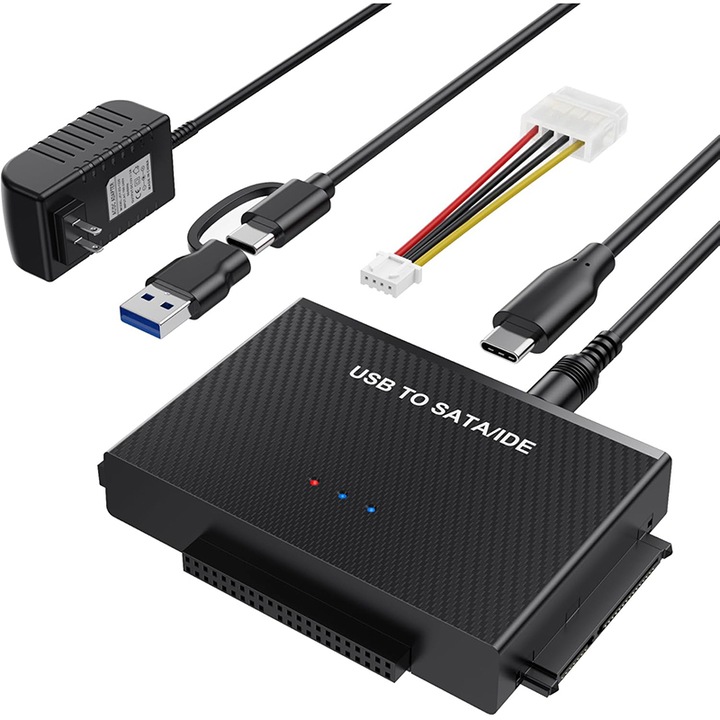 USB към SATA IDE адаптер, Rqiurpn, четец за твърд диск, USB + Type C към външен твърд диск, Plug and play, С захранване, Черен, с 12V/2A захранващ адаптер