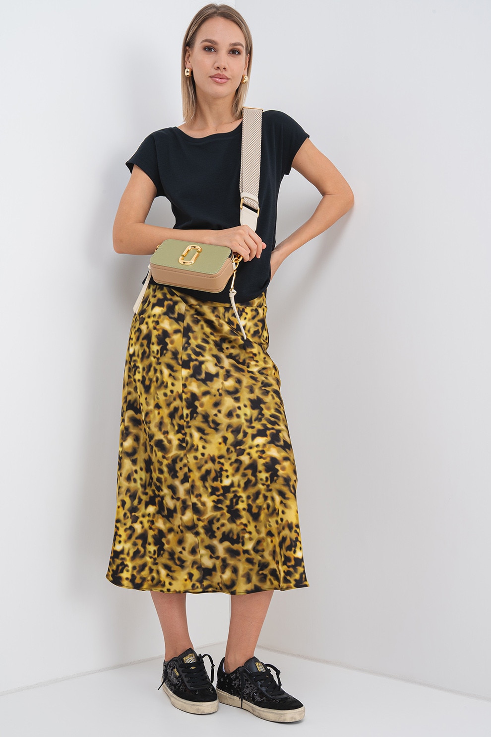 Max&Co, Fusta cu animal print, Negru, Galben mustar, 40