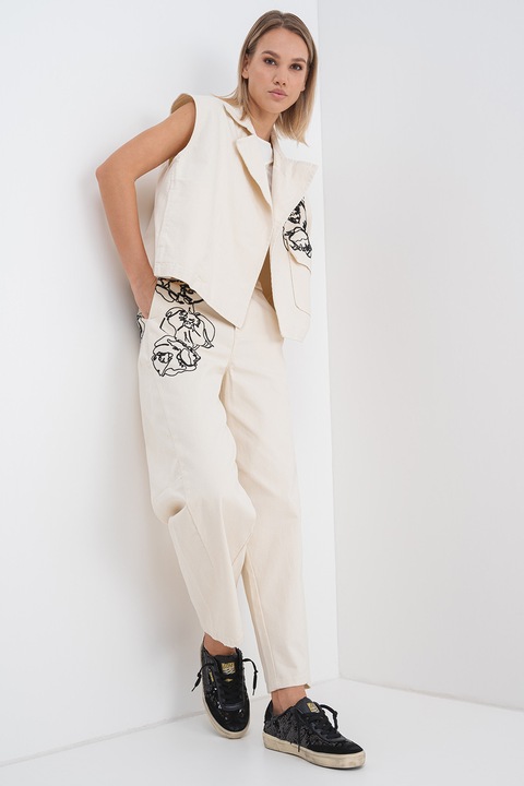 Max&Co, Blugi cu broderii florale, Alb fildes/Negru, S