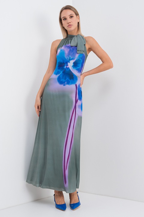 Max&Co, Дълга флорална рокля Lorena с панделка на деколтето, Зелен/Тъмносин