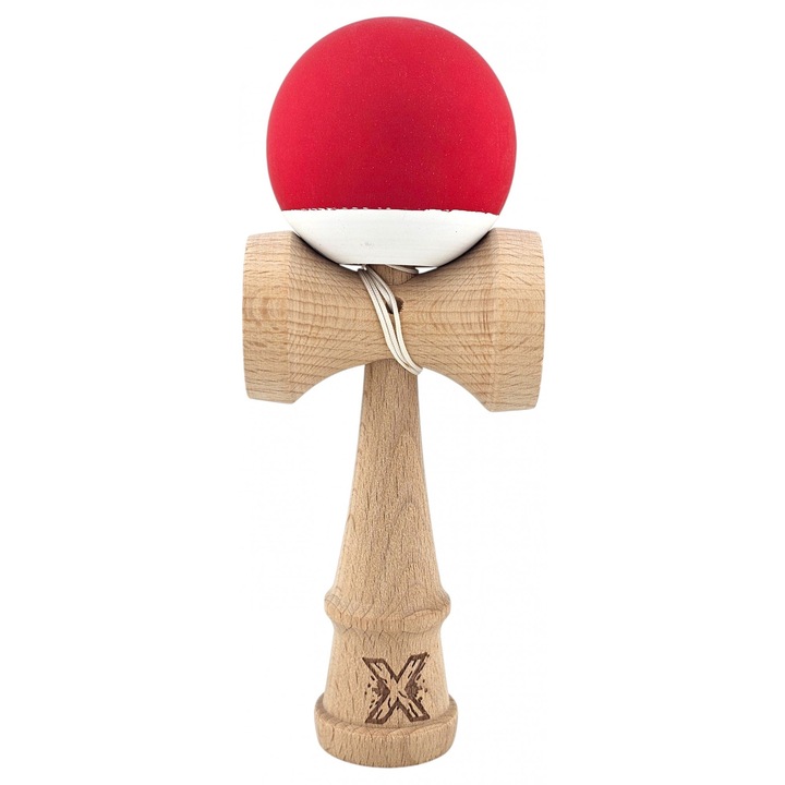 Kendama X Originala, Profesionala, Flippy, din Lemn cu Bila cu Invelis din Cauciuc, 18 x 6 x 7 cm, Rubber Grip, Rosu/Alb