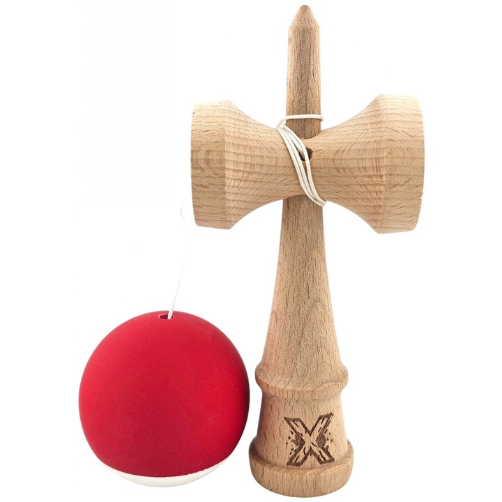 Kendama X Originala, Profesionala, Southern Sky, din Lemn, Rubber Grip, 18 cm, Rosu/Alb