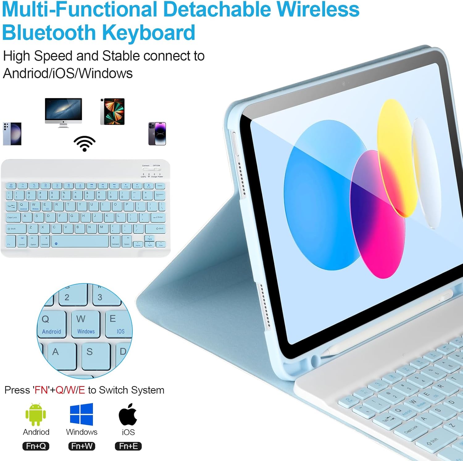 Husa cu tastatura wireless pentru tableta, compatibil cu iPad 11 (A16) 2025/10 2022, Tastatura magnetica detasabila, suport pentru creion, Albastru