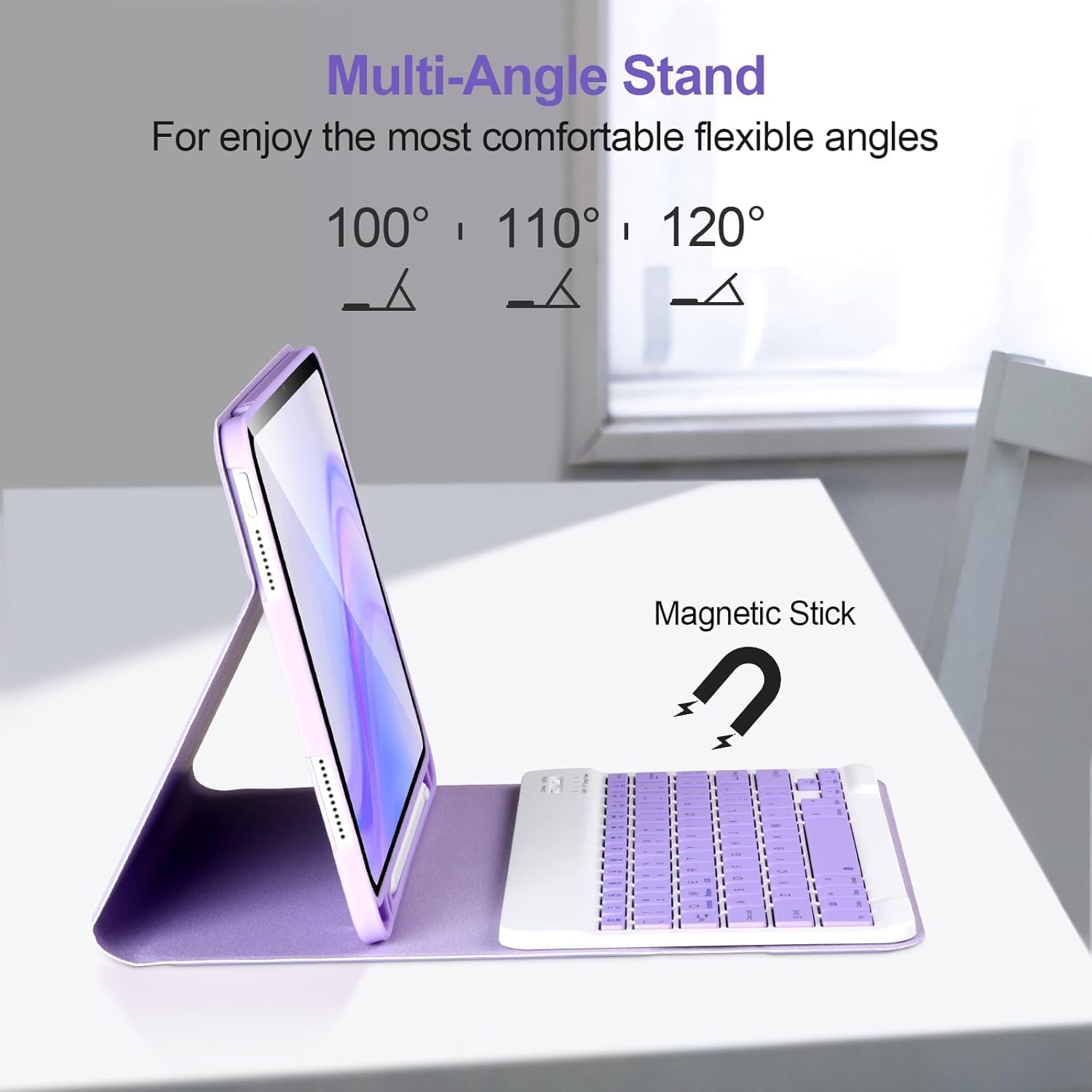 Husa cu tastatura pentru iPad Apple, compatibil cu tableta iPad 10th Gen 2022, iPad 11th Gen (A16) 2025, 10.9", tastatura wireless, Bluetooth 5.3, USB-C, suport stylus pen, violet