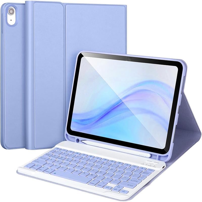 Husa cu tastatura pentru iPad Apple, compatibil cu tableta iPad 10th Gen 2022, iPad 11th Gen (A16) 2025, 10.9", tastatura wireless, Bluetooth 5.3, USB-C, suport stylus pen, violet