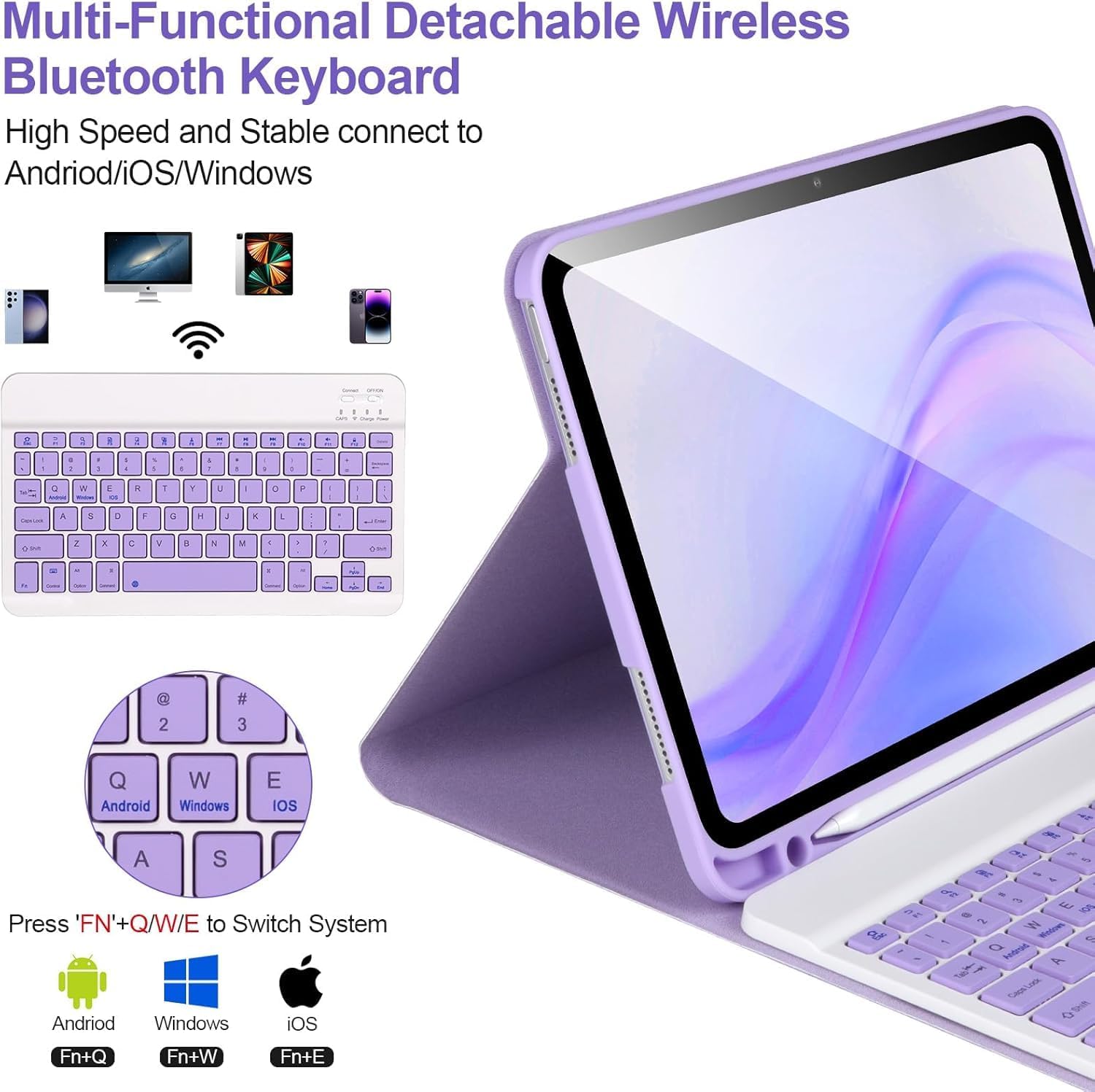 Husa cu tastatura pentru iPad Apple, compatibil cu tableta iPad 10th Gen 2022, iPad 11th Gen (A16) 2025, 10.9", tastatura wireless, Bluetooth 5.3, USB-C, suport stylus pen, violet
