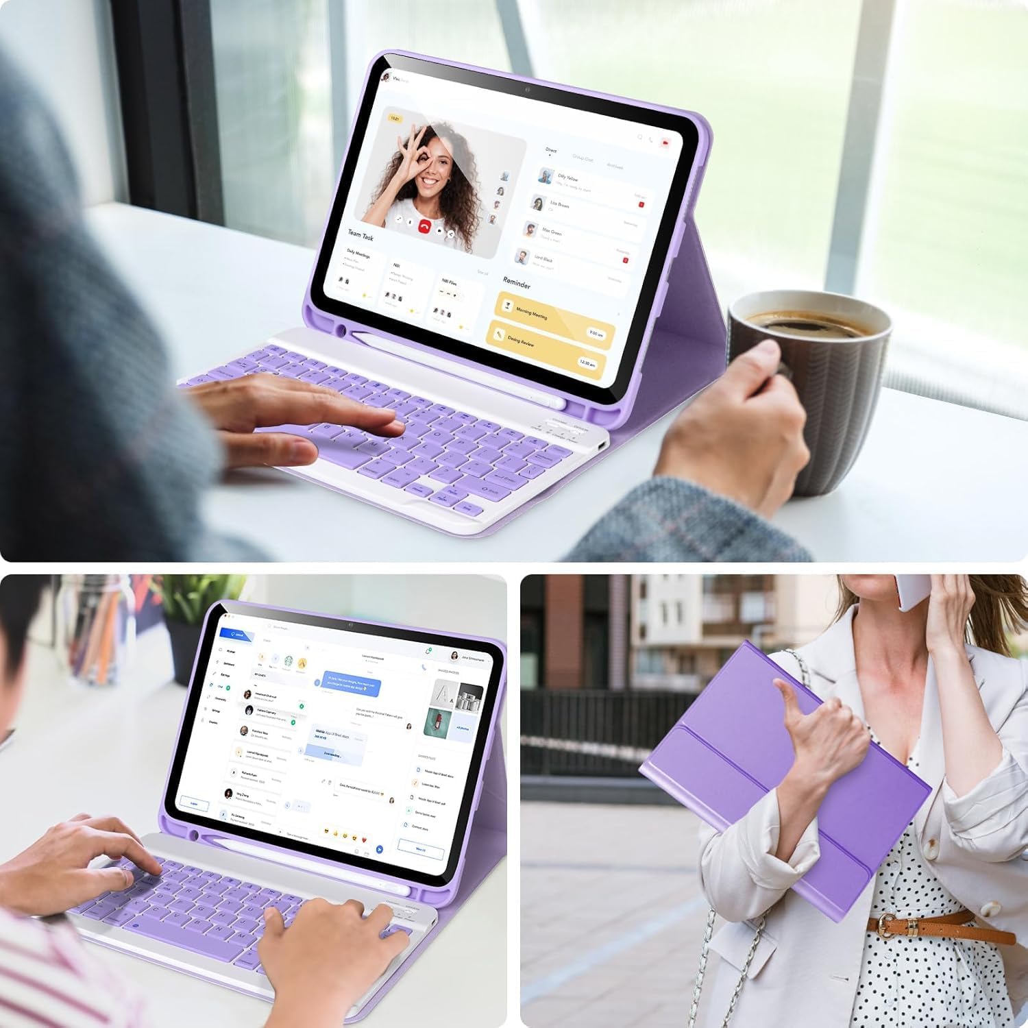 Husa cu tastatura pentru iPad Apple, compatibil cu tableta iPad 10th Gen 2022, iPad 11th Gen (A16) 2025, 10.9", tastatura wireless, Bluetooth 5.3, USB-C, suport stylus pen, violet