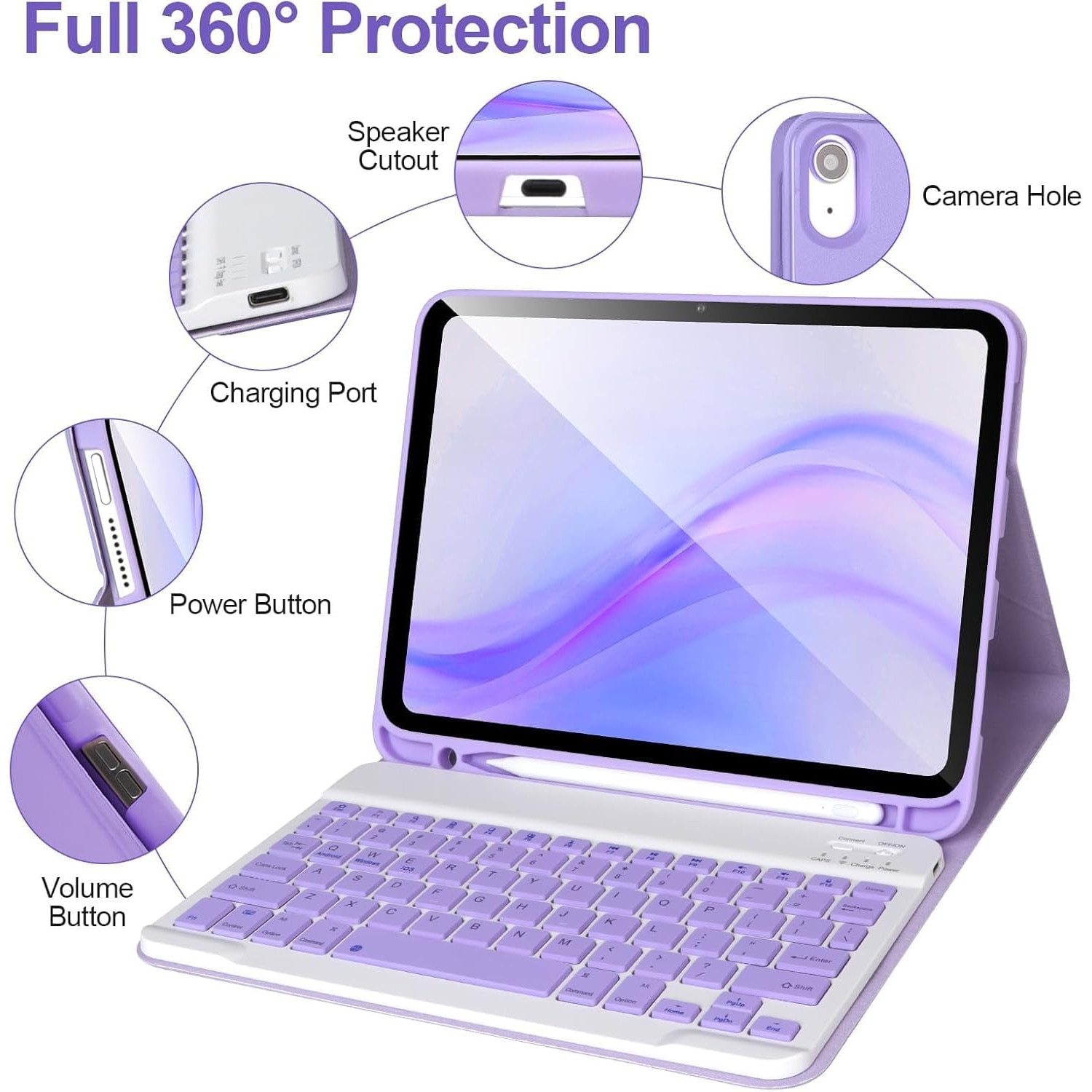 Husa cu tastatura pentru iPad Apple, compatibil cu tableta iPad 10th Gen 2022, iPad 11th Gen (A16) 2025, 10.9", tastatura wireless, Bluetooth 5.3, USB-C, suport stylus pen, violet