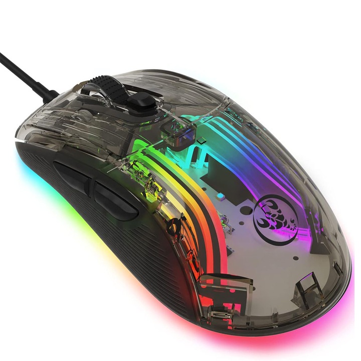 Mouse de gaming cu fir MingZhi,12800DPI, iluminare RGB, transparent, 100x32.2x58.1mm