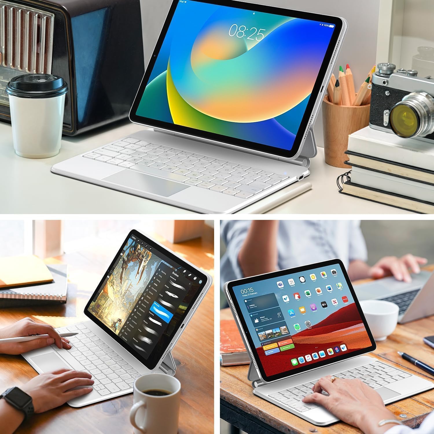 Husa cu tastatura wireless pentru tableta, compatibil cu iPad 11 (A16) 2025/10 2022, alb