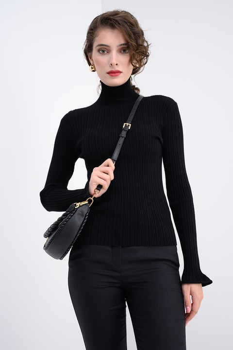 Marella, Pulover slim fit cu striatii si guler inalt, Negru