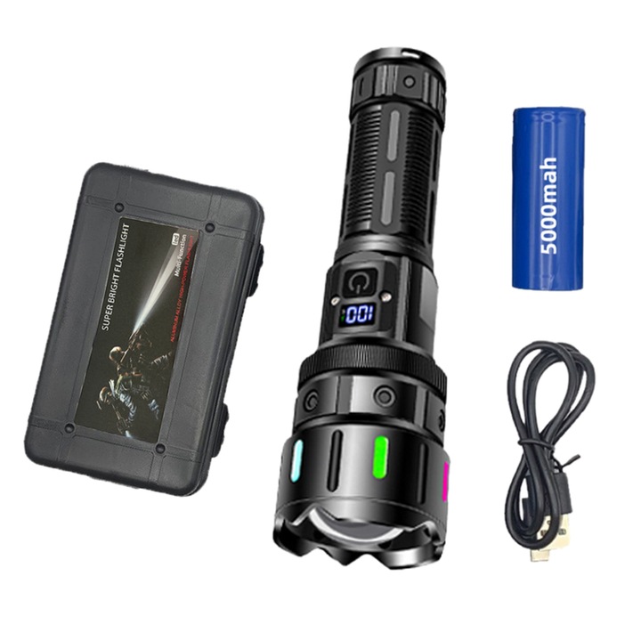Професионален тактически фенер, бели лазерни перли, 20W крушка с дълъг обхват, силна светлина, регулируем фокус, водоустойчив, USB зареждане, 5 режима на осветление, 5000mAh, идеален за всички видове дейности, Type-C кабел, калъф