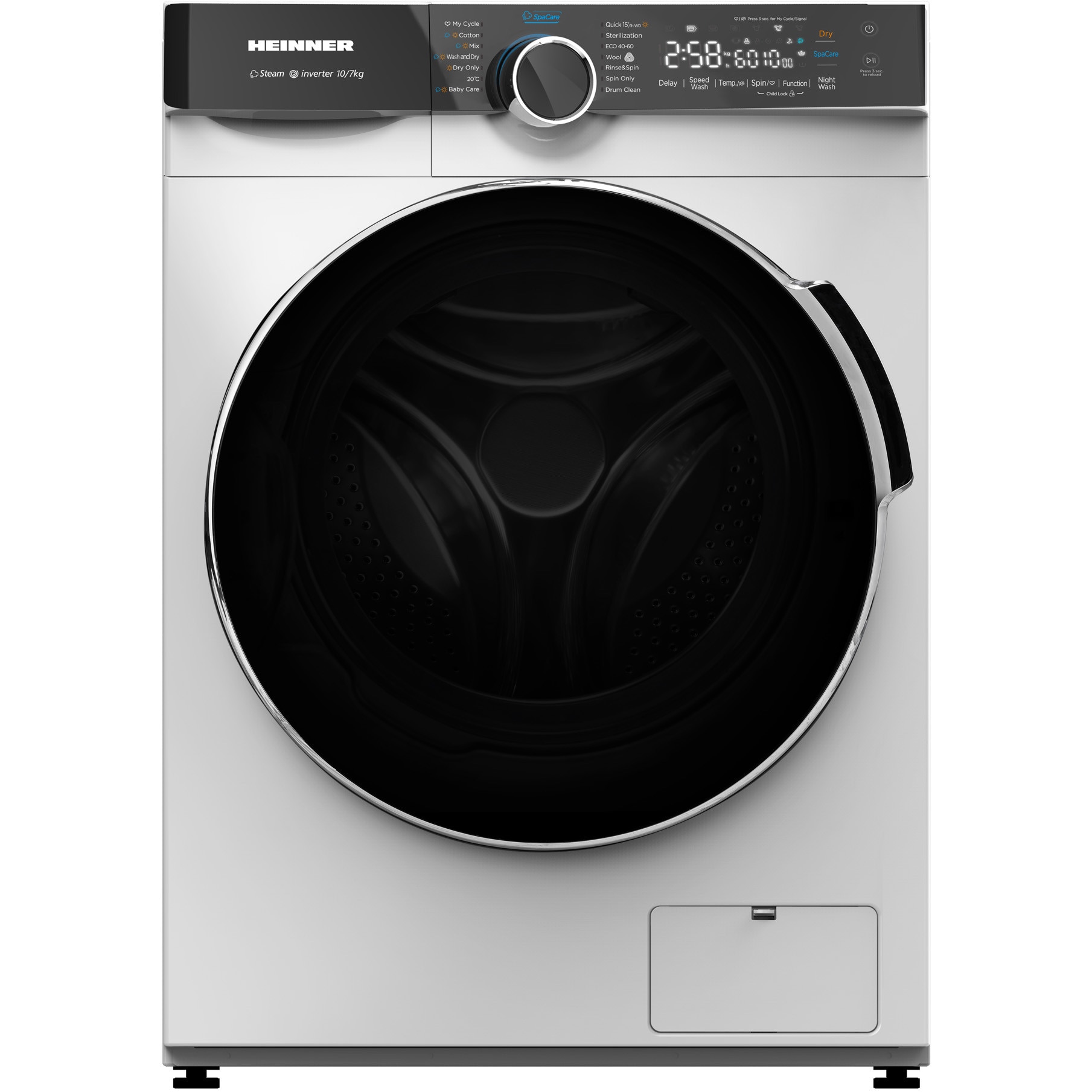 Masina de spalat rufe cu uscator HEINNER HWDM-M1014IVKB, Spalare 10 kg, Uscare 7 kg, 1400 rpm, Clasa B, Motor Inverter, Display LED, Control Touch, Program spalare si uscare rapida