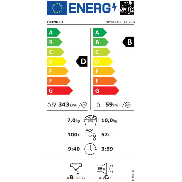 Masina de spalat rufe cu uscator HEINNER HWDM-M1014IVKB, Spalare 10 kg, Uscare 7 kg, 1400 rpm, Clasa B, Motor Inverter, Display LED, Control Touch, Program spalare si uscare rapida 1H, Alb