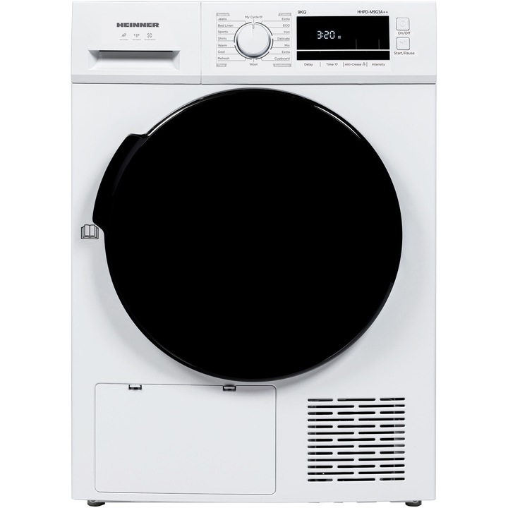 Сушилня с термопомпа Heinner HHPD-M9G3A++, 9 кг, 14 програми, Клас D, LED дисплей, Осветеление в барабана, Индикатор за почистване на филтъра за мъх, Индикатор за пълен воден резервоар, Защита от деца, Бял