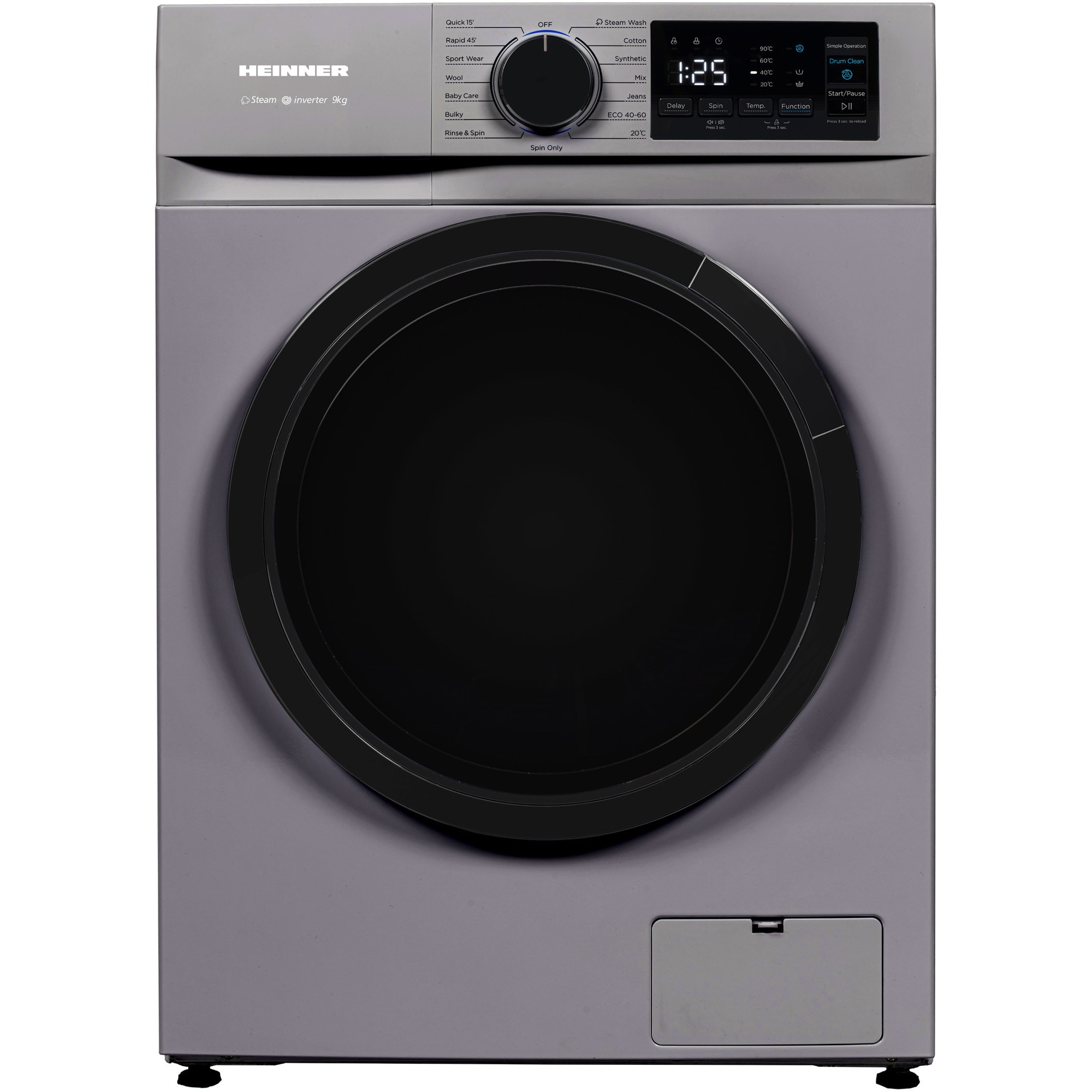 Masina de spalat rufe slim Heinner HWM-M914IVNSA+++, 9 kg, 1400 rpm, Clasa A, Motor inverter, Display digital, Blocare acces copii, Program baby care, Clatire suplimentara, Argintiu