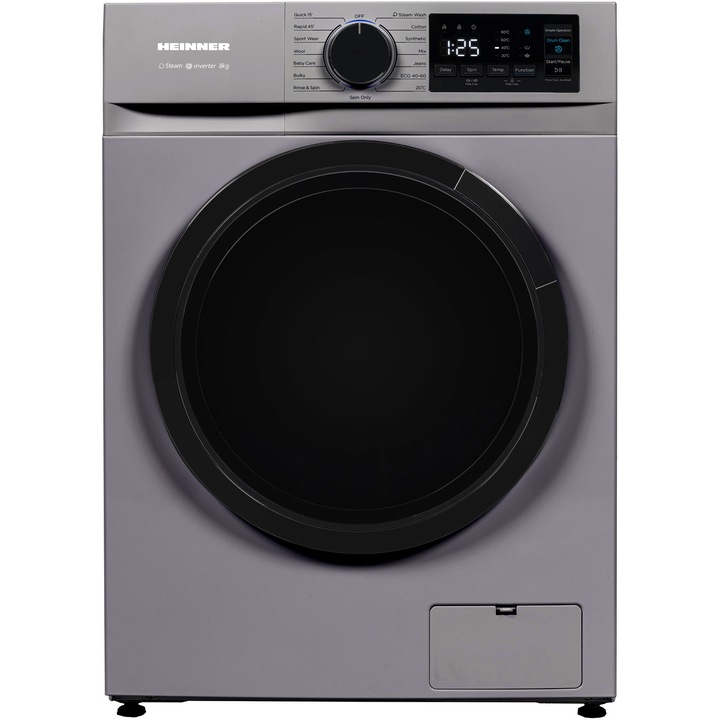 Masina de spalat rufe slim Heinner HWM-M814IVNSA+++, 8 kg, 1400 rpm, Clasa A, Motor inverter, Display digital, Blocare acces copii, Prespalare, Functie igenizare cuva, Argintiu