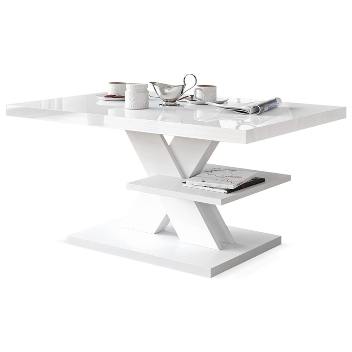 Masa de cafea Dafi Furniture, blat alb lucios, structura alba, 90x60x45cm