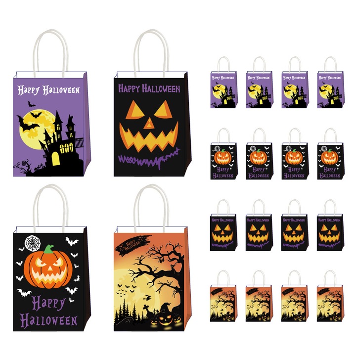 Set de 20 Pungi Halloween, pungi cadou din hartie, cu elemente de Halloween, cum ar fi dovleci si lilieci, 4 modele, maner rasucit, 15 x8x21 cm, pentru ambalaje de tipul: Bomboane, Biscuiti, cumparaturi, cadou, fast food, covrigarie, panificatie, patiseri