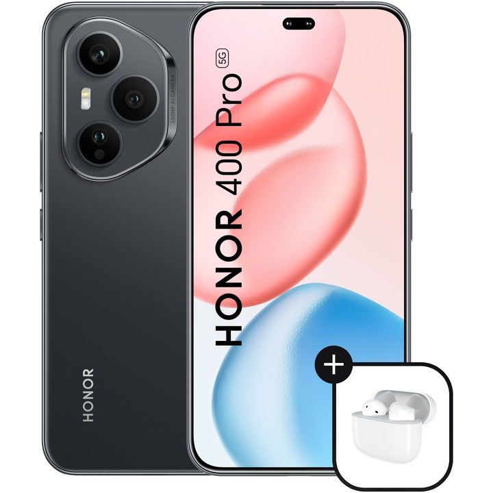 Смартфон HONOR 400 Pro, Dual SIM, 12GB RAM, 512GB ROM, Midnight Black + Слушалки HONOR Choice Earbuds X7e Active