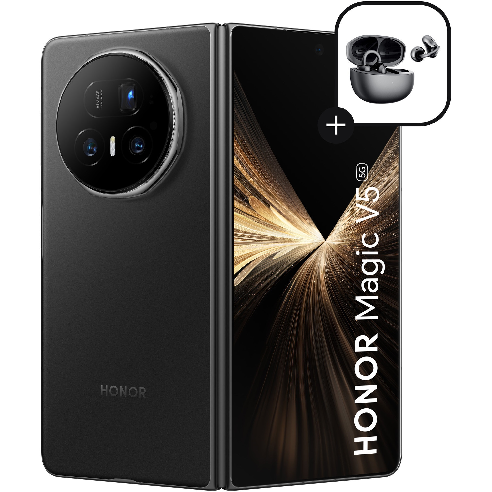 Telefon mobil HONOR Magic V5, Dual SIM, 16GB RAM, 512GB, 5G, Black + Casti HONOR Choice Earbuds Clip Black