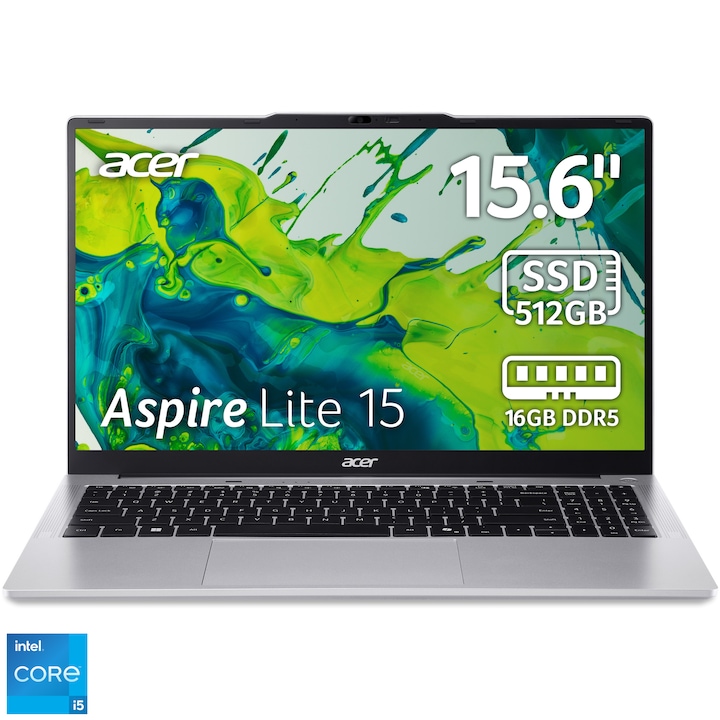 Laptop Acer Aspire Lite 15 AL15-72P-595Y cu procesor Intel® Core™ i5-13500H pana la 4.70 GHz, 15,6" Full HD, IPS, 16GB DDR5 RAM, 512GB SSD, Intel® UHD Graphics, No OS, Pure Silver