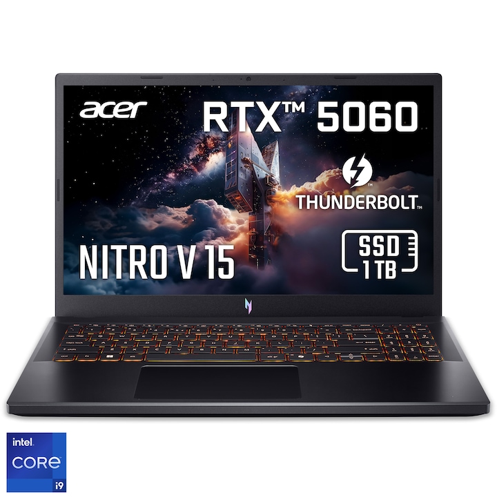 Лаптоп Gaming Acer Nitro V15 ANV15-52-95UT, Intel® Core™ i9-13900H до 5.4GHz, 15.6" Full HD, IPS, 165Hz, 32GB DDR4, 1TB SSD, NVIDIA® GeForce RTX™ 5060, No OS, Black