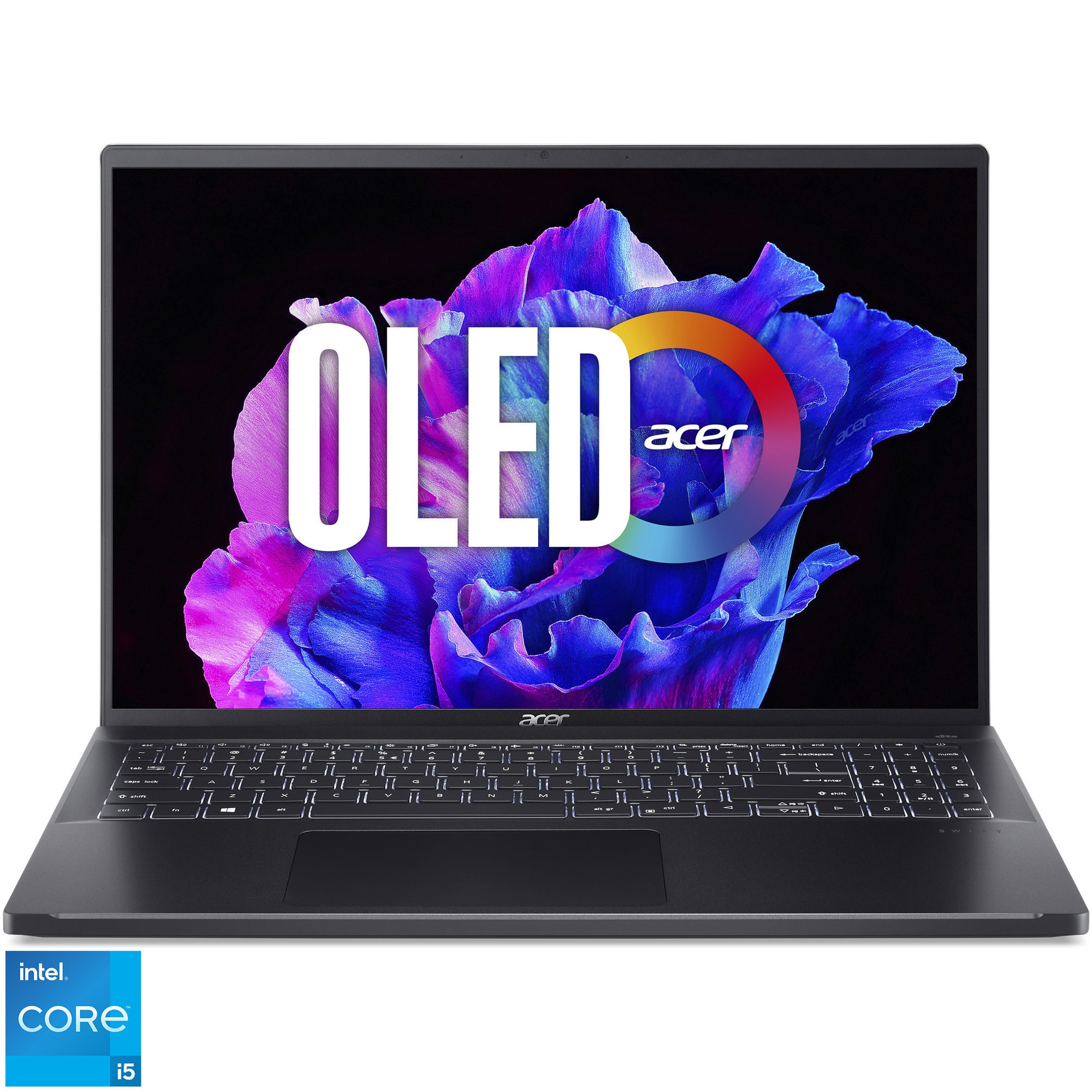Laptop Acer Swift Go 16 Pro Black Edition SFG16-71-5168 cu procesor Intel® Core™ i5-13420H pana la 4.7GHz, 16" 3,2K, OLED, 120Hz, 16GB LPDDR5 RAM, 512GB SSD, Intel® UHD Graphics, Windows 11 Home, Ice Black