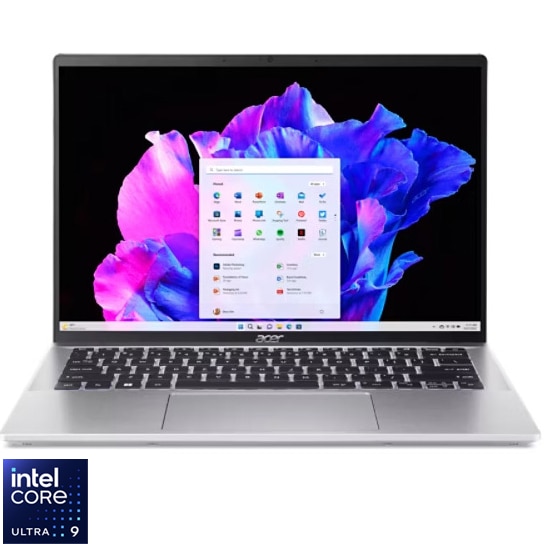 Laptop Acer Swift Go 14 OLED SFG14-74-90EF cu procesor Intel Core Ultra 9 285H pana la 5.4GHz, 14" WUXGA, OLED, 16GB LPDDR5X RAM, 1TB SSD, Intel Arc 140T GPU, Windows 11 Home, Pure Silver