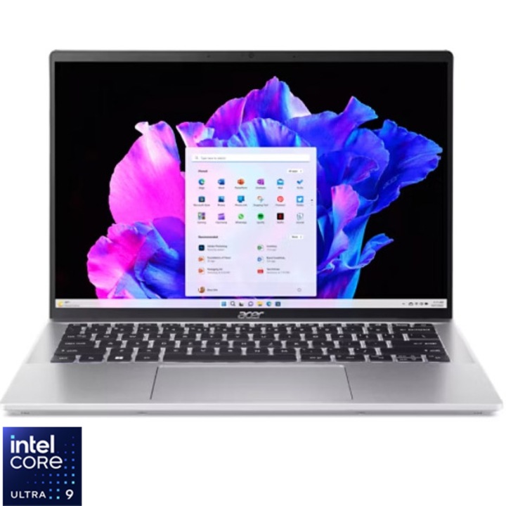 Laptop Acer Swift Go 14 OLED SFG14-74-90EF cu procesor Intel® Core™ Ultra 9 285H pana la 5.4GHz, 14" WUXGA, OLED, 16GB LPDDR5X RAM, 1TB SSD, Intel® Arc™ 140T GPU, Windows 11 Home, Pure Silver