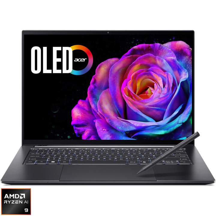 Laptop Acer Swift X 14 AI OLED SFX14-61G-R7VY cu procesor AMD Ryzen™ AI 9 365 pana la 5.0GHz, 14.5'' 2.8K, OLED, 120Hz, Touch, 32GB LPDDR5X RAM, 1TB SSD, NVIDIA® GeForce RTX™ 5070 8GB GDDR7, Windows 11 Home, Titanium Gray