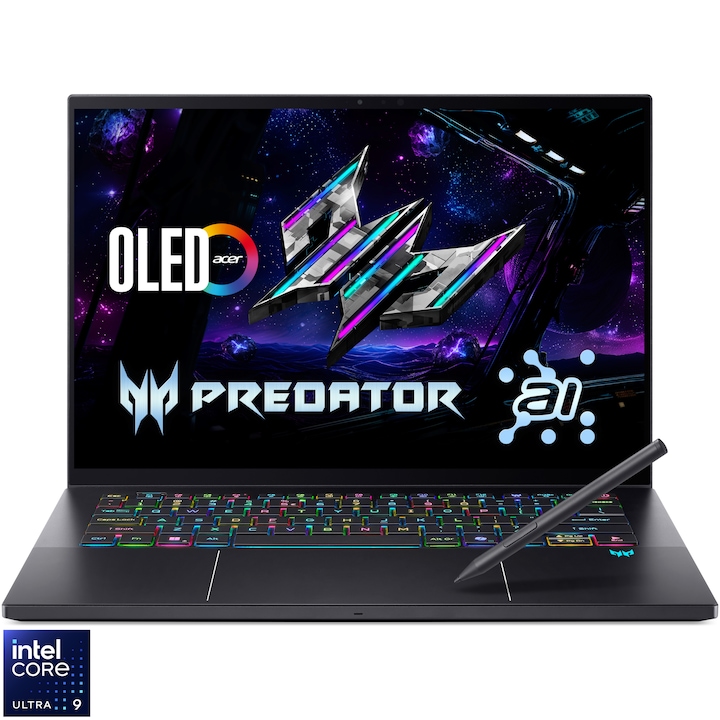 Laptop Gaming Acer Predator Triton 14 AI PT14-52T-909D cu procesor Intel® Core™ Ultra 9 288V pana la 5.1GHz, 14.5" 8K, OLED, 120Hz, Touch, 32GB LPDDR5X RAM, 2TB SSD, NVIDIA® GeForce RTX™ 5070 8GB GDDR7, No OS, Charcoal Black