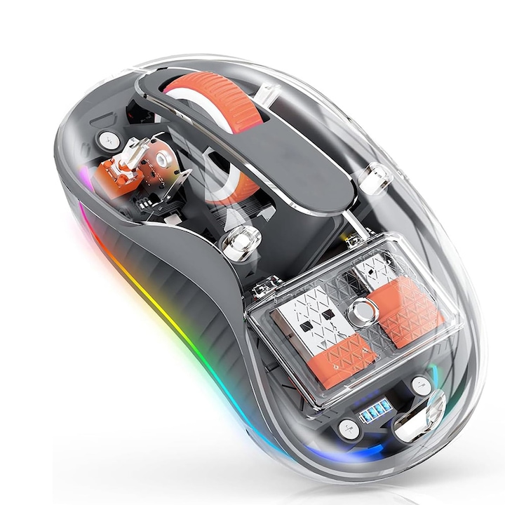 Безжична прозрачна мишка, MingZhi®, Bluetooth двойна и 2.4GHz за множество устройства, USB-C приемник идеален за MacBook/лаптопи, презареждаема, безшумна, преносима, хладен LED, ергономична - Сива