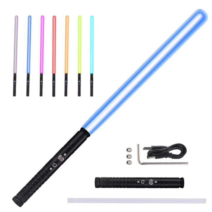 Метален лазерен меч, ZOUN, RGB, 7 цвята, със звукови ефекти, 1800 mAh, за възрастни/деца, ролева игра, USB зареждане, 77 см