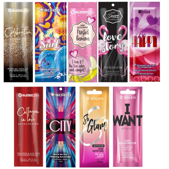 9 db-os Soleo barnító gyorsító készlet, 15 ml/db, különböző ízekben