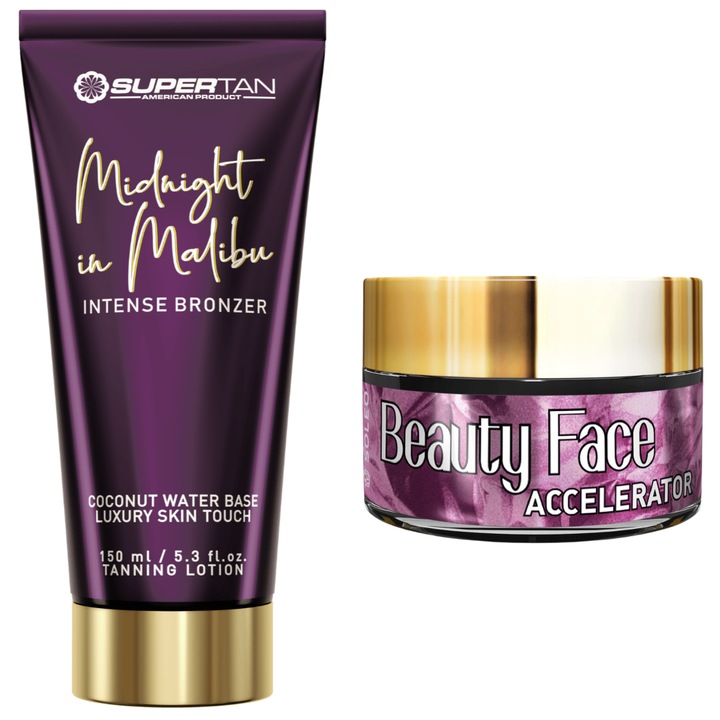 Supertan Midnight in Malibu Set Bronzer 150ml si Accelerare Beauty Face 15ml, cu apa de cocos, parfum Gardenia & Blueberry, vegan