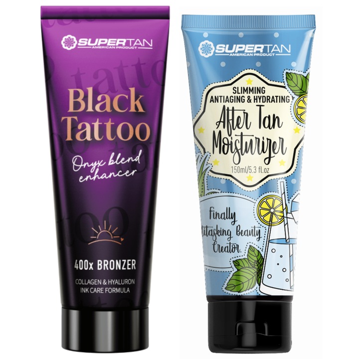 Комплект Supertan Black Tattoo, интензивен бронзант, 200 мл, балсам за след тен, 150 мл, кокос и папая, ванилов крем