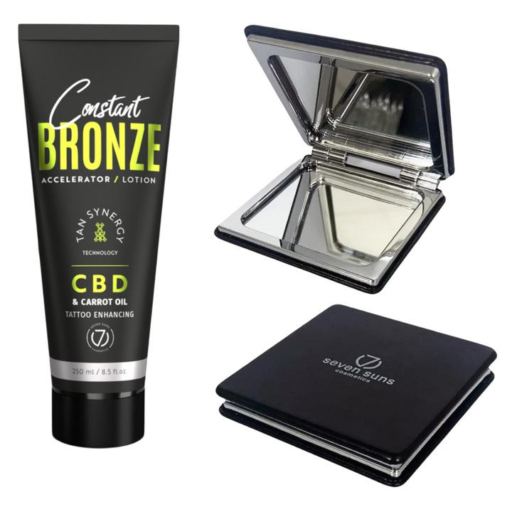 7suns Constant Bronze önbarnító gyorsító testápoló CBD-vel és sárgarépaolajjal 250ml, készlet ingyenes dupla tükörrel, világoszöld színben