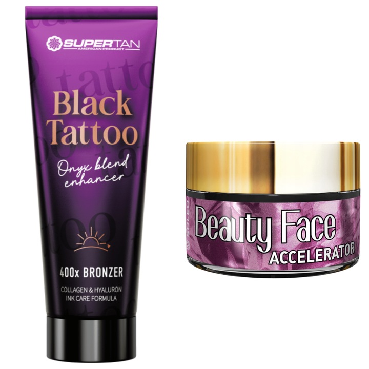 Supertan Black Tattoo Intensywny Bronzer 200ml és Beauty Face Acceleration 15ml szett, kókusz és papaya, rózsaszín virágok