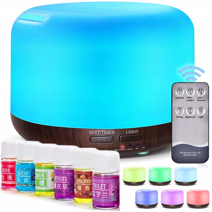 HS Plus 300ml párásító, aromaterápiás készülék, éjszakai lámpa, 6 db-os illóolaj készlet