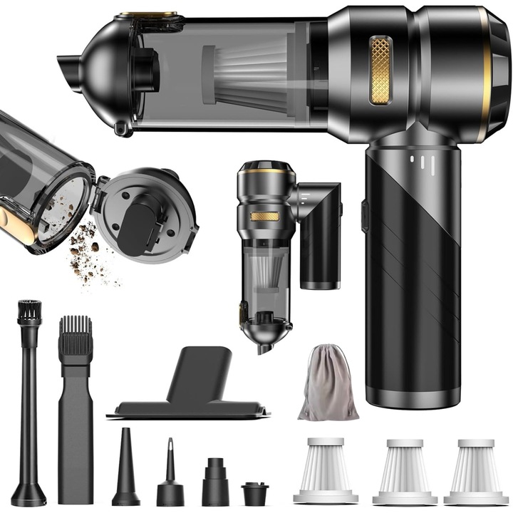 Aspirator Auto 5 in 1 Pliabil Fara Fir IESL By Essential Level®,, De Mana,, Portabil cu Acumulator 6000 mAh, Putere 100W, 3 Viteze, 18000 PA,,100000 RPM, Golire Automata a Prafului, 3 Filtre HEPA Incluse, Aspirare Uscata/Suflare/Vacuum/Umflare